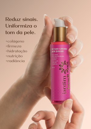 Sérum-Creme Pele Jovem da Jardim Brasil, dermocosmético, frasco com creme para revitalizar a pele e reduzir sinais de envelhecimento.