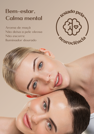 Duas mulheres com rostos próximos no card do Sérum-Creme Pele Jovem, com os dizeres bem-estar e calma mental e o selo testado pela neurociência.
