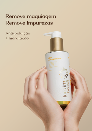 Óleo demaquilante Jardim Brasil, dermocosmético, com embalagem e texto na etiqueta, ideal para remover maquiagem e impurezas