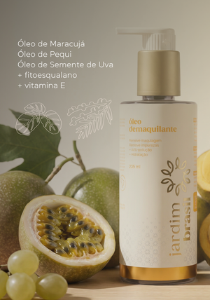 Óleo demaquilante Dermocosmético Jardim Brasil em frasco transparente, com embalagem azul e branca, para remover maquiagem e impurities.