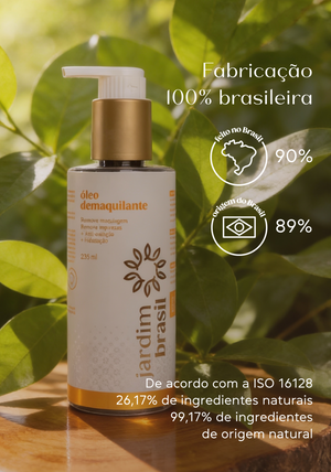 Óleo demaquilante da Jardim Brasil, dermocosmético, frasco transparente com pump, ideal para remover maquiagem e impurezas da pele.