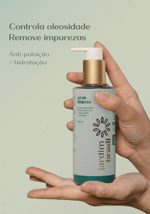 Gel de limpeza dermocosmético Jardim Brasil, frasco com fórmula suave, ideal para cuidado facial, em embalagem moderna.