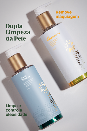Kit pele limpa da Jardim Brasil com produtos para cuidados faciais, incluindo sabonete e loção em embalagem dupla.