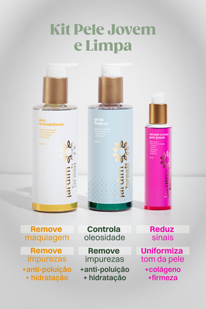 Kit de cuidados com a pele jovem e limpa da Jardim Brasil, incluindo produtos para limpeza facial e revitalização.