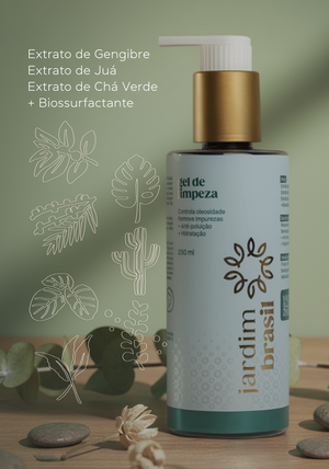 Gel de limpeza dermocosmético Jardim Brasil, embalagem com tubo branco e detalhes verdes, indicado para cuidados faciais.