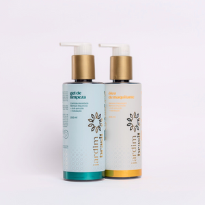 Kit Jardim Brasil Pele Limpa com óleo, gel e produtos de limpeza facial para pele saudável e renovada.