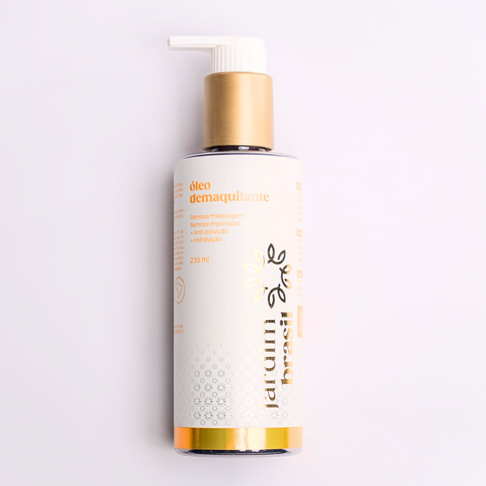 Óleo demaquilante da Jardim Brasil, dermocosmético para remover maquiagem e impurezas da pele, com embalagem visível.
