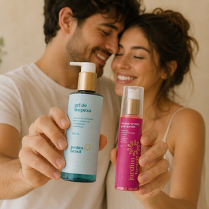 Casal sorrindo, rostos encostados, segurando o Gel de Limpeza e o Sérum-Creme Pele Jovem da Jardim Brasil.